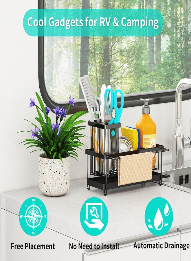 Godboat Sponge Holder for Kitchen Sink - Stainless Steel Sink Caddy Organizer with Towel & Brush Rack, Auto-Drain & 360° Swivel Spout, Bathroom Organizer for Soap Dispenser, Black (9.25" W X 4.1" D) - Image 4